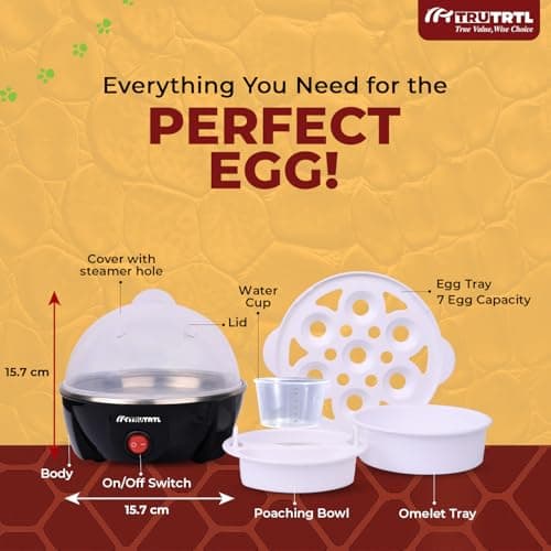 truTRTL Electric Egg Cooker | Boils upto 7 eggs | Poacher | Omelet maker | Vegetable steamer, dumpling & More | Royal Black 7