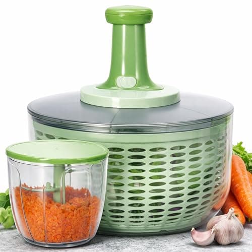Brieftons Salad Spinner and Chopper: Large 6.3-Quart Lettuce Greens Vegetable Washer Dryer, with Bonus 0.95-Quart Veggie Chopper Mixer, Compact Storage, Easy Push Operation for Quick Veggie Prepping
