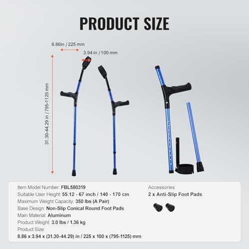 VEVOR Forearm Crutches for Adults, 11-Level Height Adjustable Walking Crutches with 4-Level Upper Cuff, Lightweight Aluminum Medical Support Crutches for Leg Injury Surgery Disabled, 1 Pair (350LBS) 7