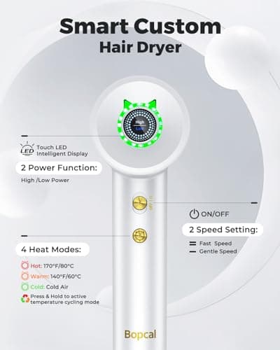Hair Dryer - Bopcal Ionic Blow Dryer with Concentrator for All Hair Types,160000 RPM High-Speed Fast Drying Lightweight and Quiet, 200 Million Negative Ions Dryer with Thermo-Control (1500w) 6