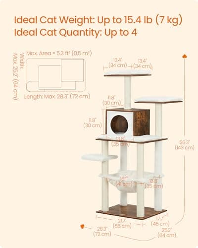 Feandrea Cat Tree, 56.3-Inch Modern Cat Tower, Multi-Level Plush Condo with Scratching Posts, Hammock, Washable Cushion, Rustic Brown UPCT164X01 5