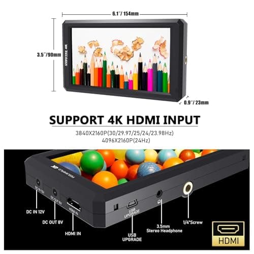 FEELWORLD F6 Camera Field Monitor Bundle - 6 Inch 4K HDMI On Camera Monitor with Waveform, 3D LUT Load (Includes Battery, Micro & Mini HDMI Cords, Carry Case) 6