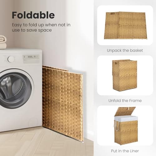 DUMOS Woven Laundry Basket with Lid, 90L Large Capacity Hamper, Removable & Machine-Washable Liner, Foldable Rattan Clothes Hamper, Sturdy Steel Frame, Odor Control, Goose Yellow 6