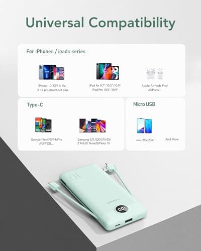 VEGER Portable Charger with Built-in AC Plug and Cables, All in One 10000mAh Ultra Slim Power Bank Travel Essentials, Fast Charging Battery Pack Compatible with iPhone, Samsung, Android (Green) 6