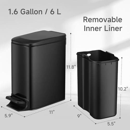 TIPGO Slim Bathroom Trash Can with Lid Soft Close, Step Pedal, 6 Liter / 1.6 Gallon Stainless Steel Trash Bin, Small Garbage Cans for Bedroom, Office, Kitchen (Matte Black) 6