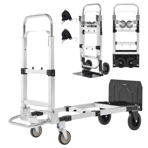 Upgraded 3 in 1 Aluminum Folding Hand Truck, 600lbs Capacity, Heavy Duty Convertible Dolly with Retractable Handle and 4 Rubber Wheels, Collapsible Cart for Moving Home, Office, Warehouse (Black)