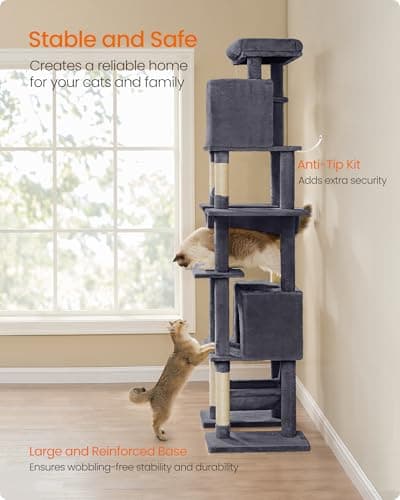 Feandrea Cat Tree, 79.1 Inch Tall Cat Tower for Indoor Cats, Multi-Level Large Cat Condo with 4 Scratching Posts, 2 Hammocks, a Perch, 2 Cat Caves, Anti-Tip Kit, Dark Gray UPCT195G02 5
