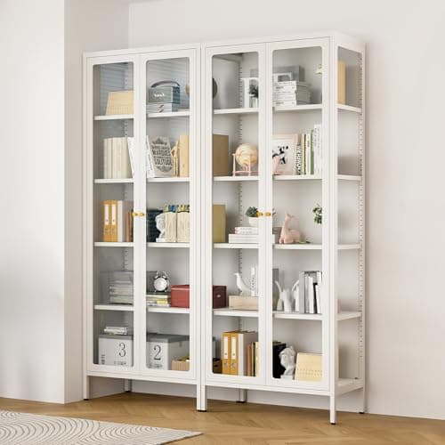 Lucky Monet 5-Tier Display Cabinet with 12 Color Lights & Glass Doors, 67" Lighted Curio Cabinet with Adjustable Shelves, Glass Metal Display Case for Collectibles Figures China (White) 9