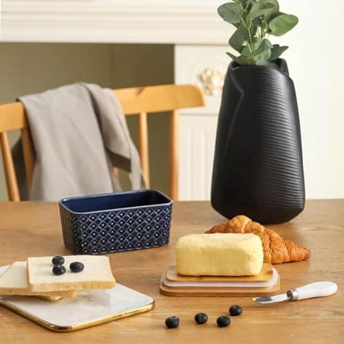 Tikooere Ceramic Butter Dish with Lid,Large Butter Container with Airtight Cover for Countertop or refrigerator,Farmhouse Butter Holder for Kitchen Gifts,Dishwasher Safe,Navy Blue Embossed Pattern 5