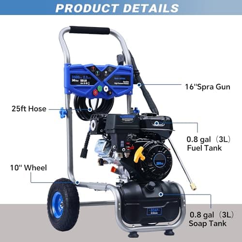MUTAOMAY 3500PSI Gas Pressure Washer, 2.3GPM Gas Powered High Pressure Washer with 209CC Engine, 4 Adjustable Nozzles, 25 ft High Pressure Hose for Cleaning Walls, Terraces, Vehicles, Garden (Blue) 7
