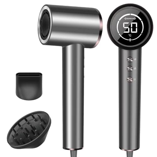 AEMOLL Hair Dryer, 150000RPM Professional High-Speed Negative Ionic Care Blow Dryer, Heat-Control, Fast Drying, Low Noise with Magnetic Diffuser and Nozzle, 4 Temps & 3 Speeds, HD Display Gray