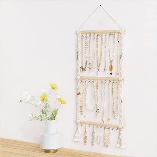 Dahey Hanging Jewelry Organizer Macrame Necklace Holder with 30 Hooks Wall Mounted Jewelry Hanger Over Door Necklace Rack with Tassel for Necklace Bracelet Earring Headband Bow Organizer 7