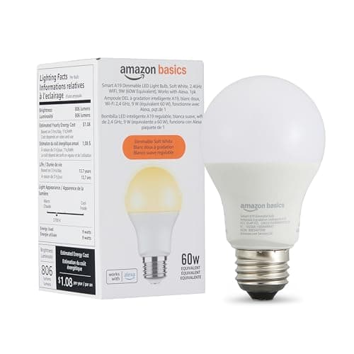 Amazon Basics Smart A19 LED Light Bulb, Dimmable Soft White (2700K), 9W (60W Equivalent), 800LM, Works with Alexa Only, Energy Efficient, 2.4 GHz Wi-Fi, No Hub Required, 1-Pack
