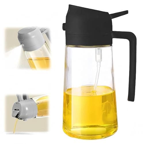 Oylyoyea 2 in 1 Olive Oil Dispenser Bottle for Kitchen,Oil Sprayer for Cooking, 1.56oz/470ml Premium Glass Oil Bottle, Food-grade Oil Mister for Air Fryer, Salad, Frying, BBQ (Black)