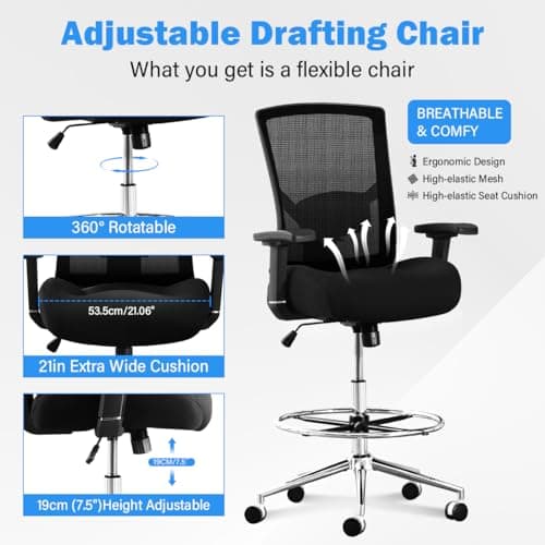 500 lbs Drafting Chair Tall Office Chair for Standing Desk, Extra Wide 21 inch Cushion, Ergonomic Heavy Duty Office Drafting Chair with Adjustable Lumbar Support, Pressure Locking Casters, 4D Arms 6
