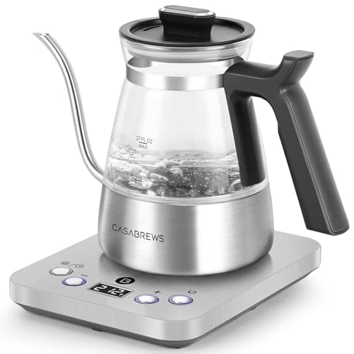 CASABREWS KEG5831 Gooseneck Electric Kettle, Stainless Steel Glass with Temperature Control & Reservation Time Function, Pour Over Kettle for Coffee & Tea, Fast Boiling, Auto Shut-Off, 1200W/0.8L