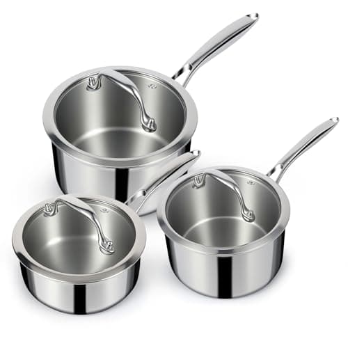 EWFEN 3 Ply Stainless Steel Sauce Pan Set with Lids, 1 & 2 & 3 Quart Multipurpose Cooking Pot, Stay-Cool Handle, Induction Oven Dishwasher Safe, 1QT & 2QT & 3QT