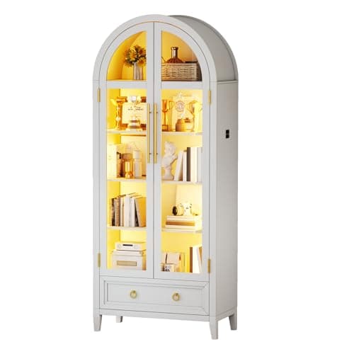 WOOVIVS Display Cabinet with Glass Doors - Arched Display Case with 3 Color Lights for Livingroom, 6-Tier Curio cabinets with Drawer for Collectibles, Bookcase with Wood Leg (White)