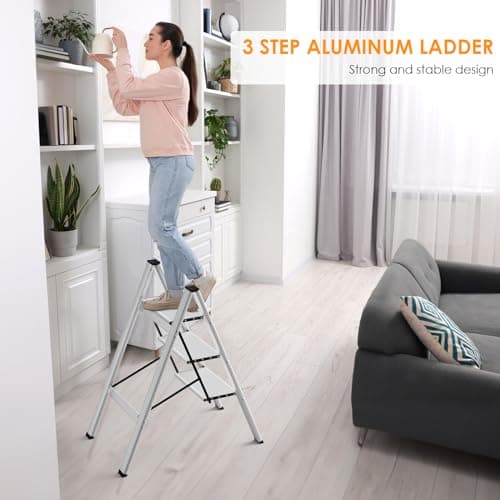 Arlopu 3 Step Ladder, Folding Step Stool with Wide Anti-Slip Pedals, Aluminum Portable Lightweight Ladder for Home, Kitchen, Office, Sturdy Temporary Storage Shelf Rack, Max Capacity 330lbs, Silver 7