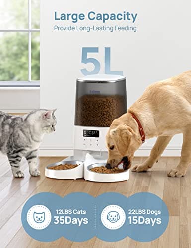 Rellorus Automatic Cat Feeders, 5L/21Cups Cat Food Dispenser for Two Cats, Timed DogFeeder with Double Bowls, 48 Portions 6 Meals Per Day for Cats and Small Dog, Memory Function, 10s Meal Call 7