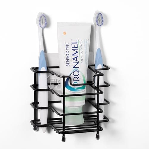 Linkidea Wall Mount Toothbrush Holder for Shower, Stainless Steel Tooth Brush Stand, Countertop 3 Slots Organizer Compatible with Colgate Extra Clean, Oral-B CrossAction (Black)