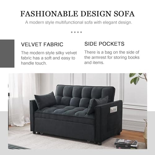 ECHINGLE 54.8'' Sleeper Sofa Bed 3-in-1 Convertible Couch with Pullout Bed, Reclining Backrest, Storage Pockets – Modern Space Lounge Furniture for Living Room, Includes Toss Pillows,Black 5