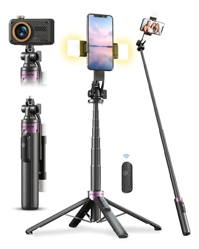 ACKIMA 53'' Selfie Stick Tripod with Light, Enhanced 4-Leg Cell Phone Stand Camera Tripod with Rechargeable Wireless Remote & 2 Fill Light, Portable Selfie Stick Travel Essentials for iPhone Android