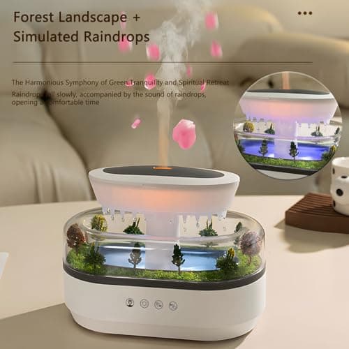 Holwim Essential Oil Flame Diffuser 250ml Cloud Rain Humidifier Water Drip Aromatherapy Diffuser Air Humidifier with 7 Colors Light, Micro Landscape, White Noise, Auto-Off for Home Office (White) 5