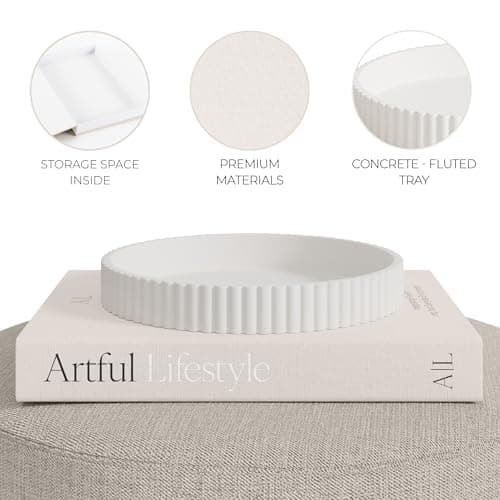 Decorative Concrete Tray & Book Decor Set - Scalloped Tray & Linen Box Enhance Your Coffee Table or Bookshelf Decor - Stylish Home Decoration for Your Living or Dining Room & as a Housewarming Gift 7