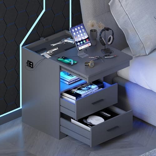 Gurexl LED Night Stand with Gun Drawer, Modern Beside Table with Charging Station, Auto Sensor 3 Color Dimmable End Table with Hidden Compartment for Bedroom (Grey)