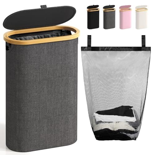 Slim Laundry Hamper with Lid, 60L Small Laundry Basket with Handles&Removable Bag, Thin Dirty Clothes Hampers for Laundry, Narrow Laundry Hampers for Bedroom Aesthetic, Dark Grey