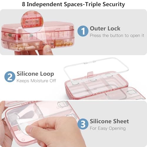 FYY Weekly Pill Organizer with Labels,8 Compartments Travel Daily Pill Case Airtight Moistureproof Large Pill Box to Hold Vitamins, Fish Oil, Supplements,Cotton Swab and Bandages-Pink 7