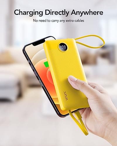 VRURC Portable Charger with Built-in Cables, 10000mAh LED Display USB C Power Bank, Slim Travel Battery Pack with 5 Output 2 Input Compatible with iPhone 17 16 15 13,Samsung,Android etc-Yellow(1 Pack) 7