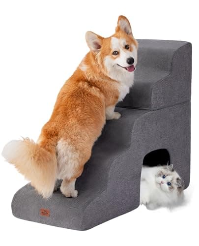 Gray Curved Dog Stairs Ramp for High Beds 28.7" H, 5-Step Dog Steps for Small Dogs and Cats, Pet Stairs for High Bed Climbing, Non-Slip Balanced Pet Step