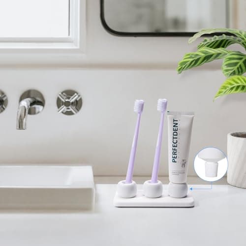 Dersyer 3 Pack Mini Ceramic Toothbrush Holder Stand with 1 Pack Water Absorbing Stone for Bathroom Vanity Countertop, Toothbrush Organizer, White 3