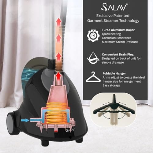 SALAV GS18-DJ Standing Garment Steamer with Roll Wheels for Easy Movement, 1.8L Water Tank for 1 Hour Continuous Steaming, Adjustable Pole for Storage, Includes Descaler Packet, 1500 watts 7