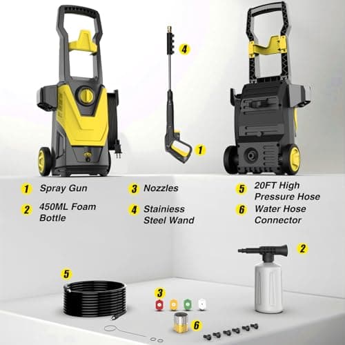 DECOKTOOL Electric Pressure Washer, 4800PSI Max 3.0GPM Power Washer Electric Powered with 20FT Hose, 35FT Power Cord, 4 Nozzles Foam Cannon High Pressure Washer for Car Patio Garden Fences(Yellow) 4