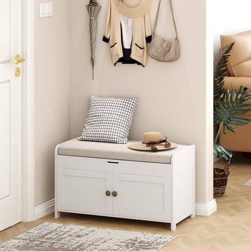 HOMEFORT 30" Shoe Bench with Lift Top Storage, Entryway Bench with Cushioned Seat, Wooden End of Bed Bench, Shoe Cabinet Bench with Hidden Storage Space, for Bedroom, Hallway,White 8
