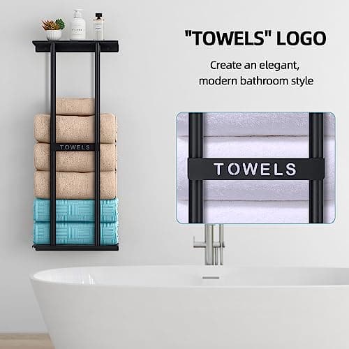 STWWO Towel Racks for Bathroom, Bathroom Towel Storage Wall Mounted 30 inch with Shelf Can Holds 6 Large Towels, Wall Towel Rack for Rolled Towels, Black 6