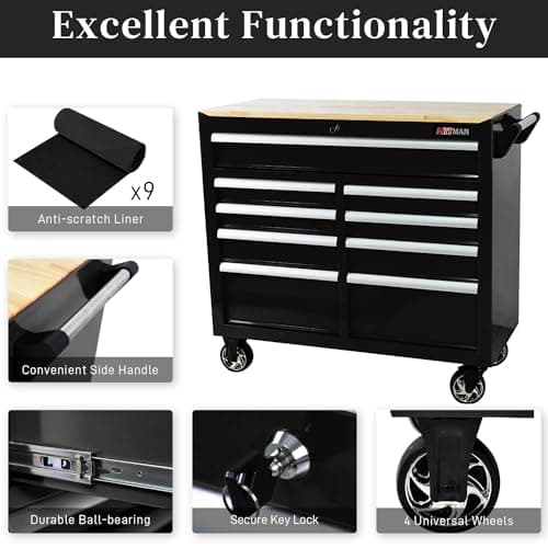 Heavy Duty Rolling Tool Chest with 9-Drawer Wood Top Tool Cart Mechanic Tool Box with Wheels Tool Storage Cabinet Mobile Workbench Tool Bench for Garage, Warehouse, Workshop, Repair Shop (Black) 5