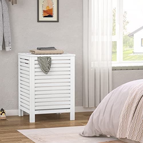 Homykic Bamboo Laundry Hamper with Lid, 120L Large Clothes Laundry Sorter with Removable 2-Section Liner Bag, Raised Laundry Basket Organizer for Clothing, Bathroom, Bedroom, Laundry Room, White 7