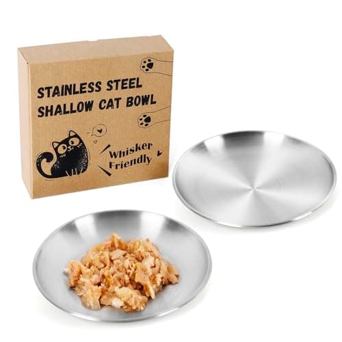Petdream 2-Pack Stainless Steel Cat Food Bowls, Shallow Whisker-Friendly Non-Slip Silicone Base Metal Dishes, Easy to Clean Indoor Feeding Flat Plates for Cat, Kitten, Small Dog (6.7")