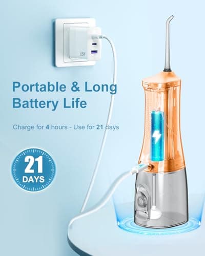Operan Water Flossers for Teeth Cleaning, Upgraded 300ml Cordless Water Dental Flossers Portable Rechargeable Oral Irrigator with 4 Modes 4 Jet Tips IPX7 Waterproof for Home Travel, Orange 3