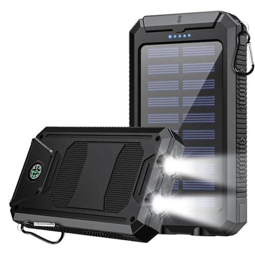 NIFFPD 10000mAh Solar Power Bank with Type-C & Dual USB Ports for iPhone、Samsung & More，Shockproof, Dustproof, with Compass & LED Light,Safety Protections,Perfect for Outdoor & Daily Commute (Black)