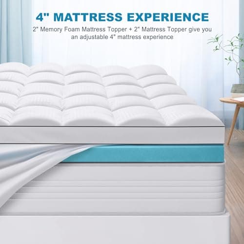 MASVIS King Size Dual Layer 4 Inch Memory Foam Mattress Topper, 2 Inch Gel Memory Foam and 2 Inch Cooling Pillow Top Mattress Pad Cover for Back Pain, Medium Support 6