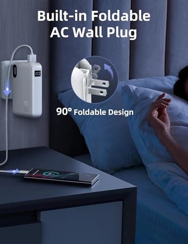 RORRY Portable Charger Built-in Cables, AC Wall Plug Portable Charger Power Bank 10000mAh Travel Battery Pack 22.5W Fast Charging for iPhone 16/15/14 Samsung Galaxy S24/S23/S22 Pixel LG iPad 8