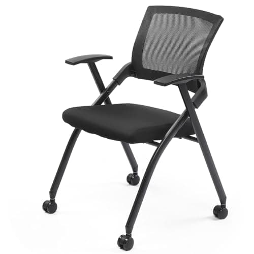 Eikyutora 1 Pack Modern Black Office Guest Reception Chairs, Ergonomic Foldable & Stackable Mesh Desk Chairs with Wheels, for Home, Office, Conference Rooms 5
