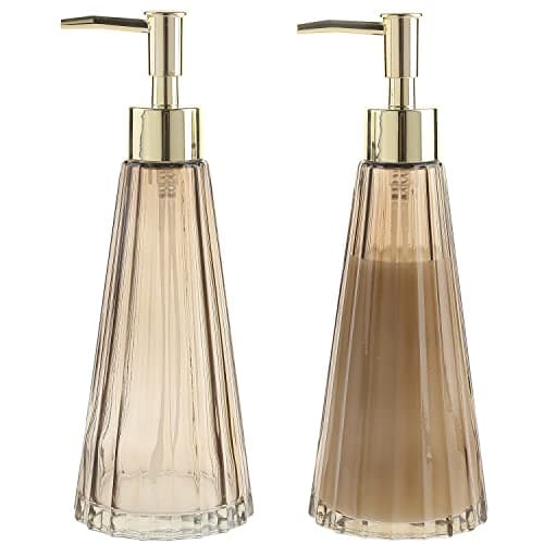 MyGift 2 Pcs Vintage Soap and Lotion Dispenser Set, Smoked Glass and Brass Liquid Pump Dispenser with Vertical Ribbed Design