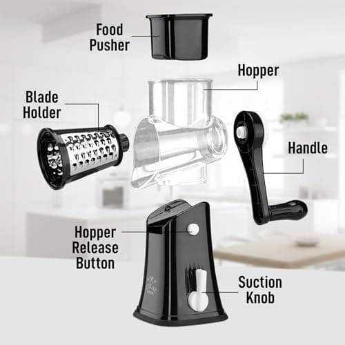 Zulay Kitchen Rotary Cheese Grater 5 Blade Cheese Shredder - Manual Hand Crank Cheese Grater With Reinforced Suction & 5 Interchangeable Drums - Easy to Use, Vegetable Chopper Round Mandoline Slicer 8
