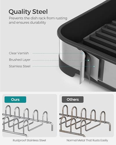 SONGMICS Small Dish Drying Rack, Dish Dryer for Kitchen Counter, Stainless Steel Dish Rack with Drain, Utensil Holder, Rustproof, for Dishes, Knives, Spoons, Forks, Silver and Black UKCS034B01 5
